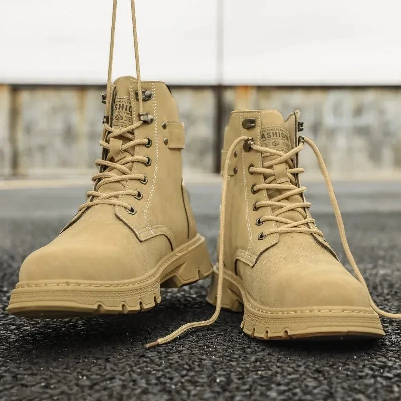 Men'S High Top Desert Workwear Boots Motorcycle Trendy Shoes PU Leather round Toe Low Heel Rubber Outsole Street Style Boots
