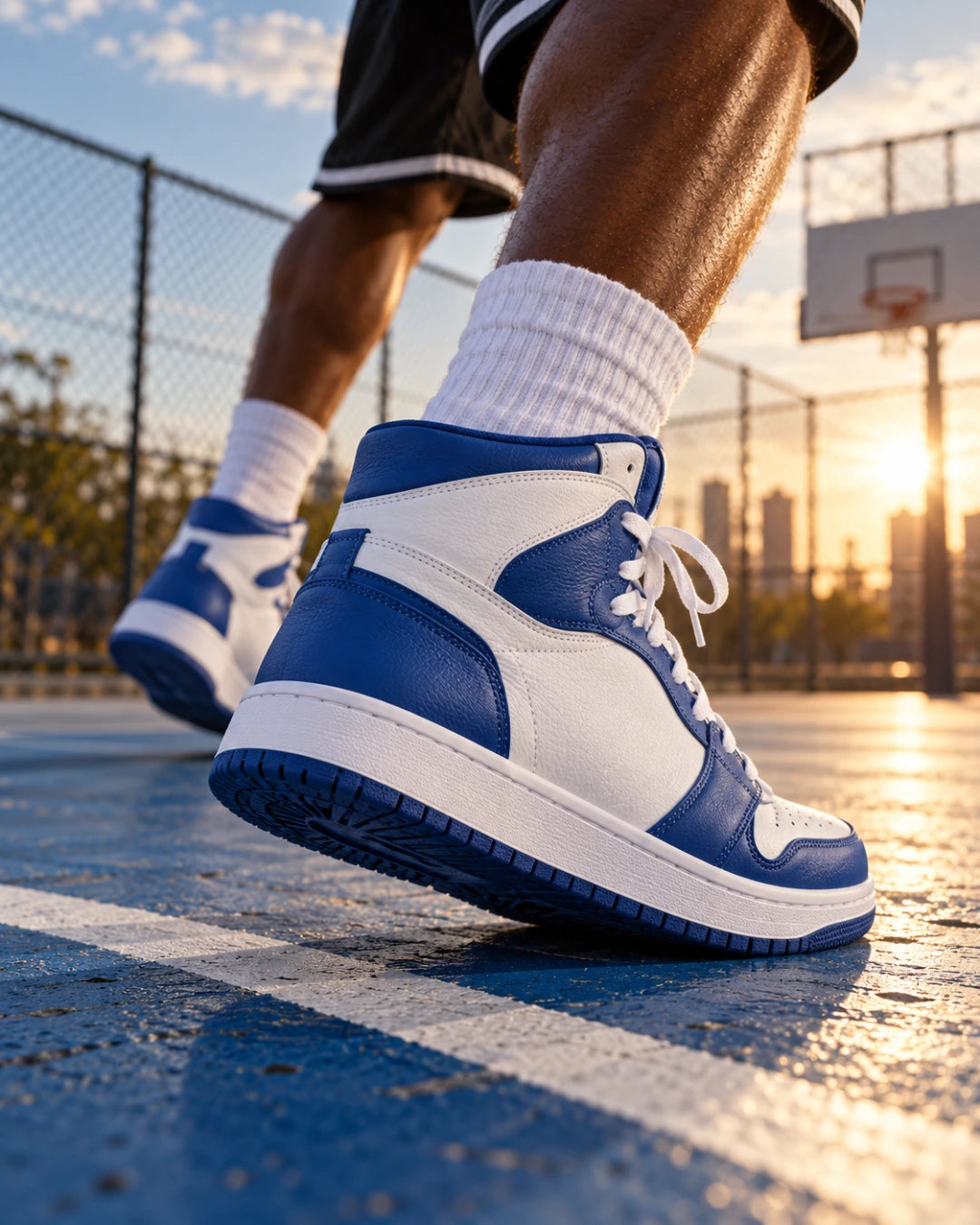 נעלי כדורסל Air Step בצבע לבן וכחול, צילום אדיטוריאלי יצירתי