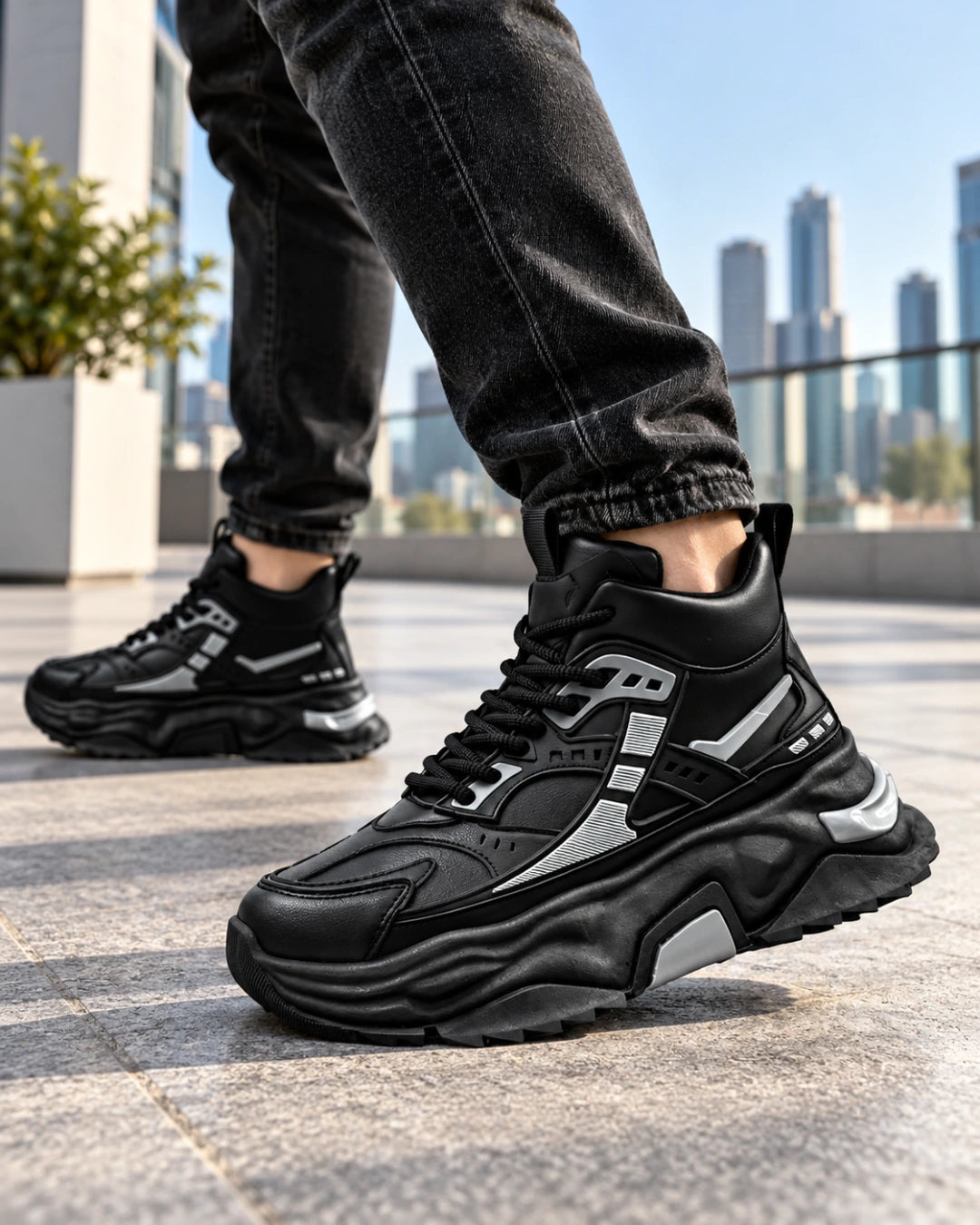 Hype Boost 10CM, נעלי ספורט מגביהות בצבע שחור, צילום לייפסטייל על הרגל | StepUp Shoes