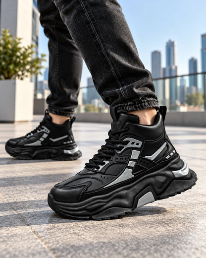 Hype Boost 10CM, נעלי ספורט מגביהות בצבע שחור, צילום לייפסטייל על הרגל | StepUp Shoes
