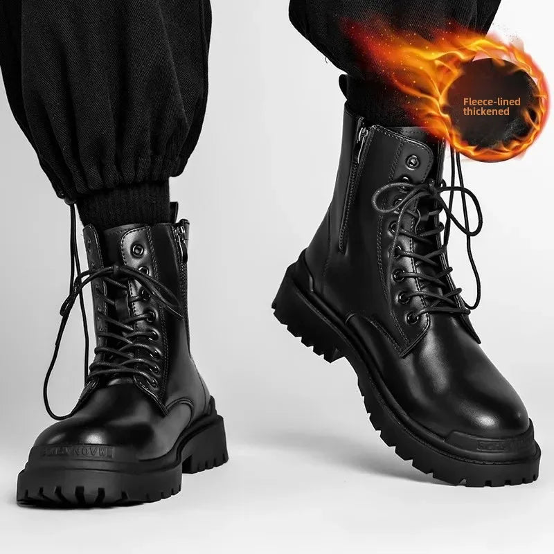 Men'S High Top Desert Workwear Boots Motorcycle Trendy Shoes PU Leather round Toe Low Heel Rubber Outsole Street Style Boots