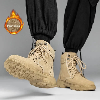 Men'S High Top Desert Workwear Boots Motorcycle Trendy Shoes PU Leather round Toe Low Heel Rubber Outsole Street Style Boots