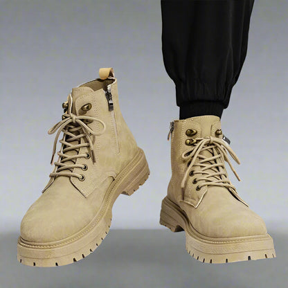 Men'S High Top Desert Workwear Boots Motorcycle Trendy Shoes PU Leather round Toe Low Heel Rubber Outsole Street Style Boots