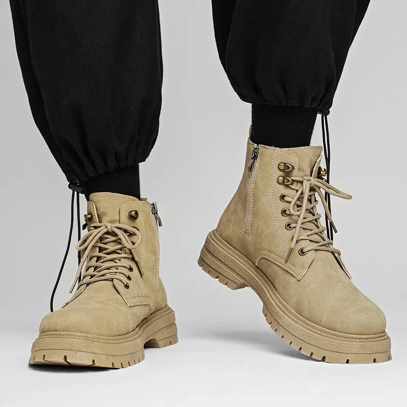 Men'S High Top Desert Workwear Boots Motorcycle Trendy Shoes PU Leather round Toe Low Heel Rubber Outsole Street Style Boots