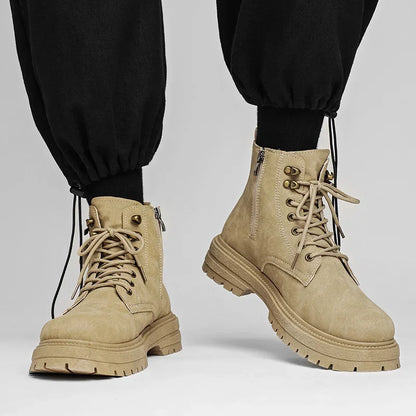 Men'S High Top Desert Workwear Boots Motorcycle Trendy Shoes PU Leather round Toe Low Heel Rubber Outsole Street Style Boots