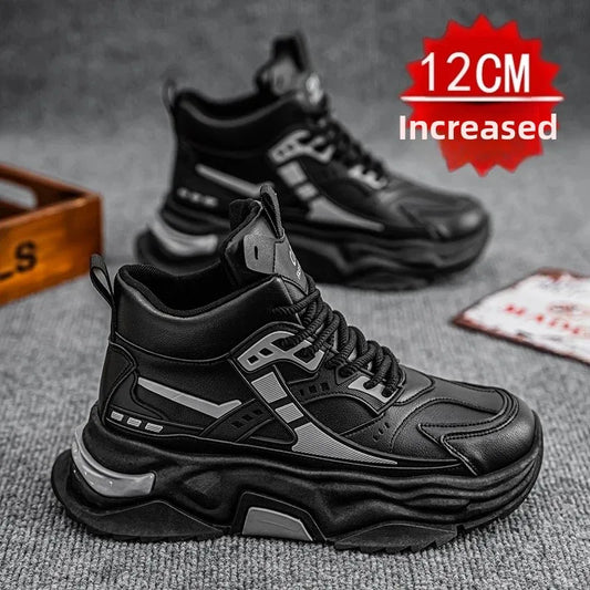 Men'S High Top Thick Bottom Sports Shoes 12CM Heightening Inner Design Casual Leisure Dad Shoes Synthetic Leather Rubber Sole