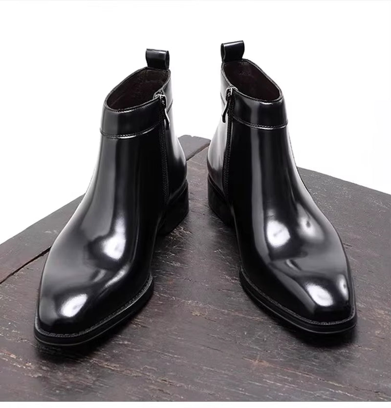 Men'S Handmade Chelsea Boots, Vintage Style, Shiny Leather, Business High-Top Shoes, Zipper Short Boots.