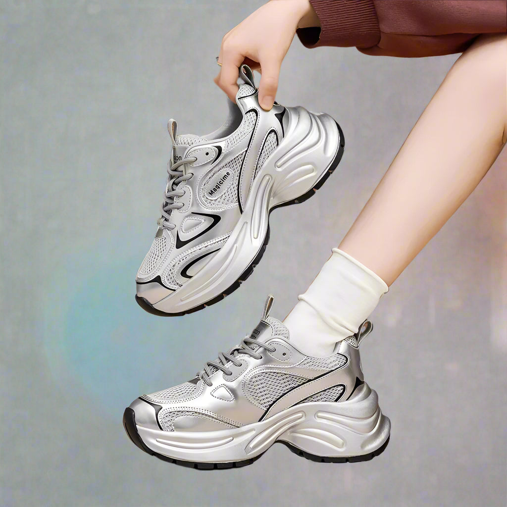 Women'S Thick Bottom Breathable Sports Shoes Spring New Style Casual Increased Height Rubber Outsole Grid Lining All Season