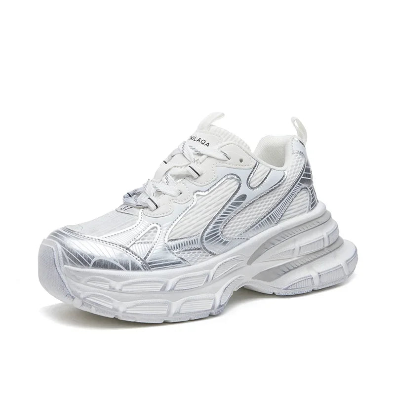 Women'S Thick Bottom Breathable Sports Shoes Spring New Style Casual Increased Height Rubber Outsole Grid Lining All Season