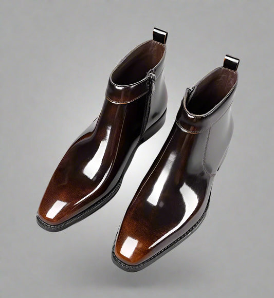 Men'S Handmade Chelsea Boots, Vintage Style, Shiny Leather, Business High-Top Shoes, Zipper Short Boots.